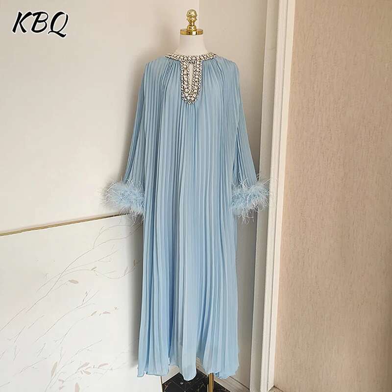 KBQ Colorblock Hollow Out Spliced Dias Dresses For Women O Neck Long Sleeve Patchwork Feather Loose Dress Female Fashion New