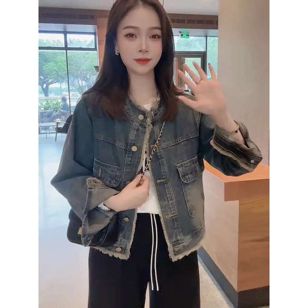 Designer Clothes Women's New Spring And Fall Denim Round Neck Burlap Vintage Washed Do Old Loose Thin Meilad Top Coat Jacket Casual