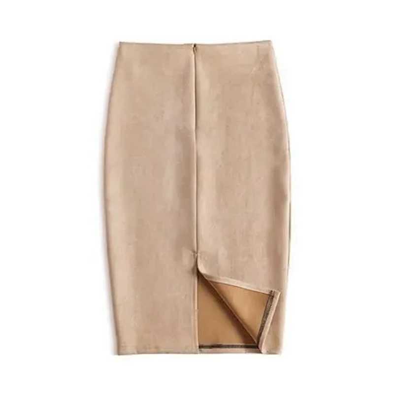 Winter sexy Bodycon suede leather 2025 fashionable knee long high waist office skirt Korean womens elegant ultra-thin pencil skirt M250424