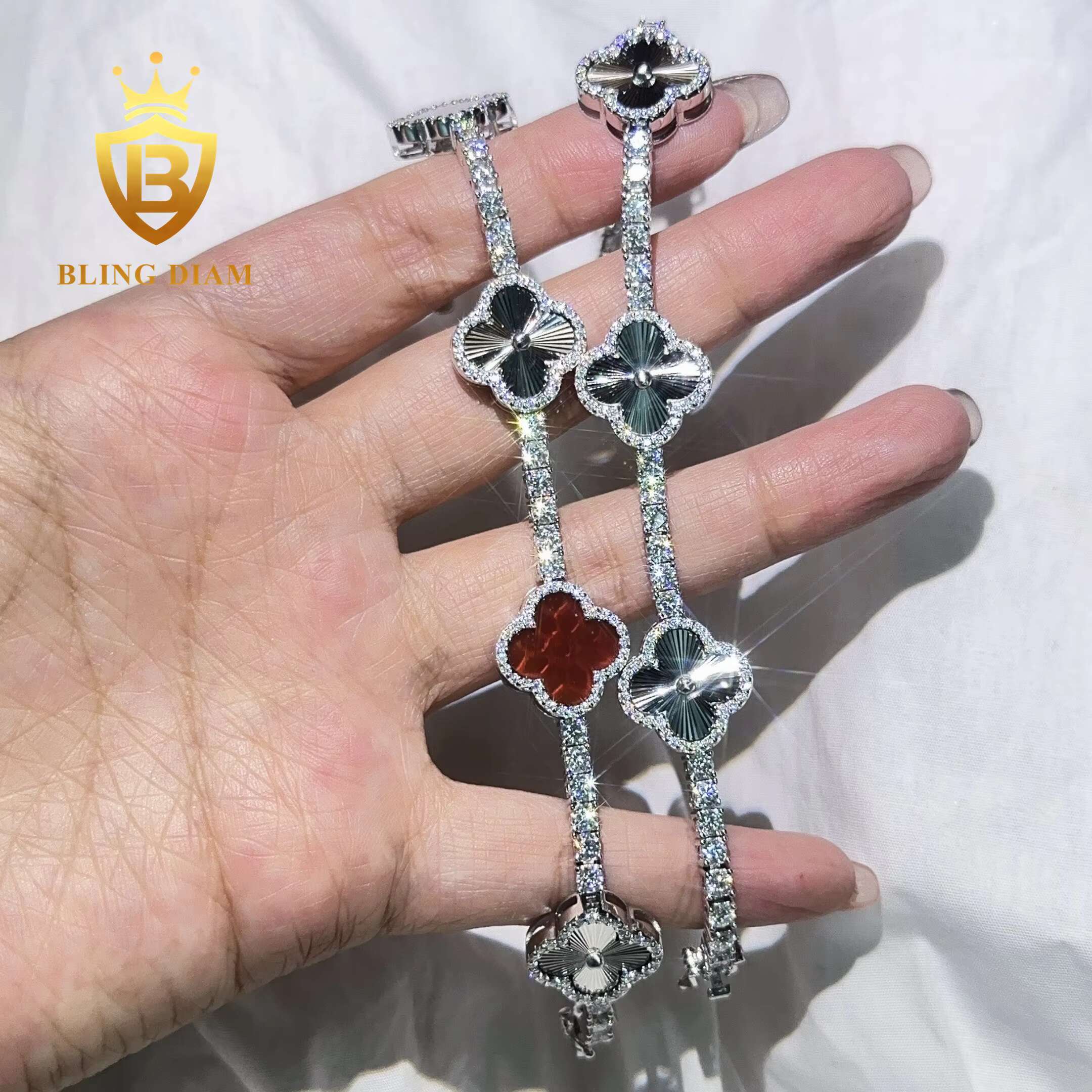 Fashion Clover Moissanite Tennis Chain Bracelet 925 Sterling Silver 3mm Moissanite Bracelet Pass Diamond test for Men Women