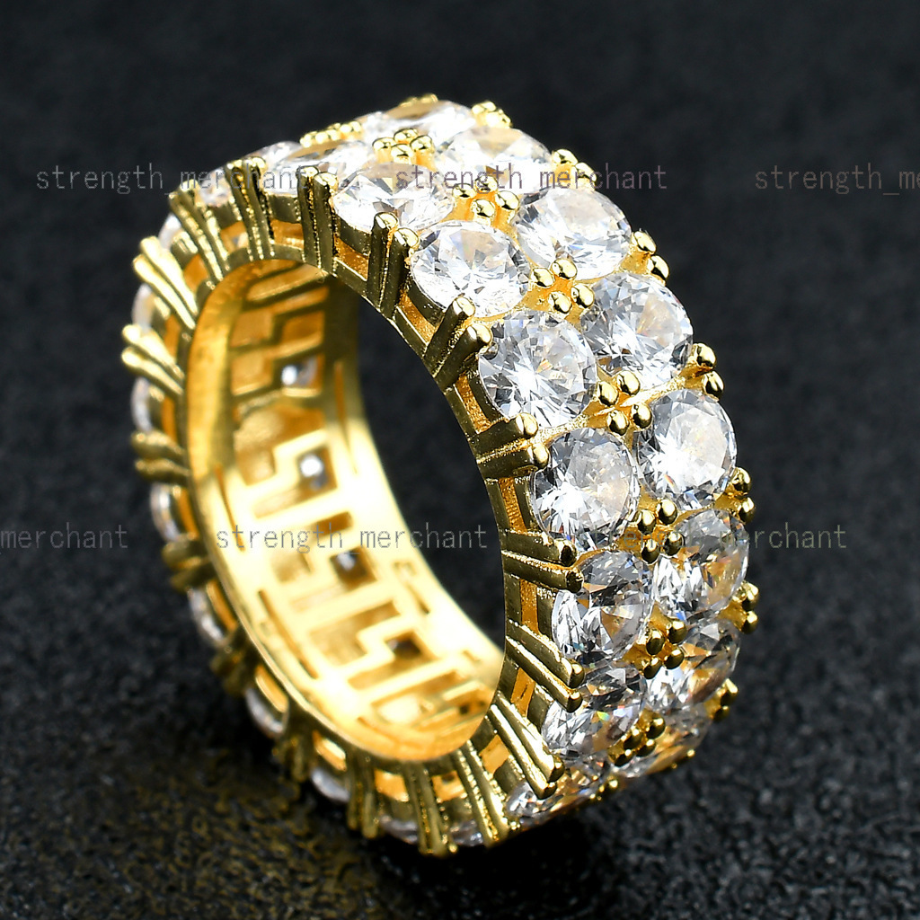Hip Hop 2 Rows CZ 14K Gold Plated Diamond Rings Couple Set Round Cut Iced Out Cubic Zirconia Stone Luxury Wedding Rings for Men