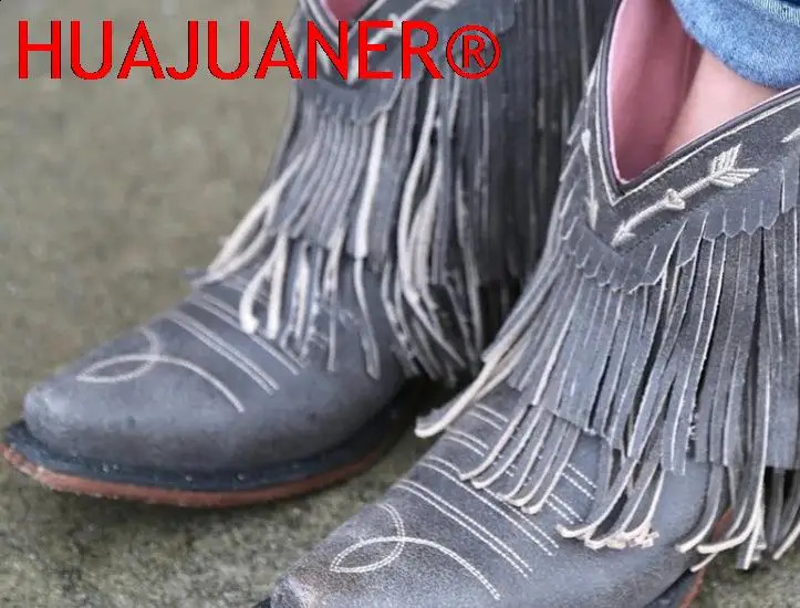 2025 Women Mid-calf Low Heel Bohemia Motorcycle Boots Fringed Cowboy Boots Shoes Spring Autumn Tassel Women Boots Botas Mujer 250418