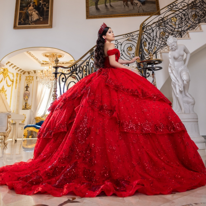 Red Shiny Quinceanera Dresses Off Shoulder Ball Gown Sweet 16 Dress Sequin Applique Beads Birthday Party Vestidos 15 De Anos