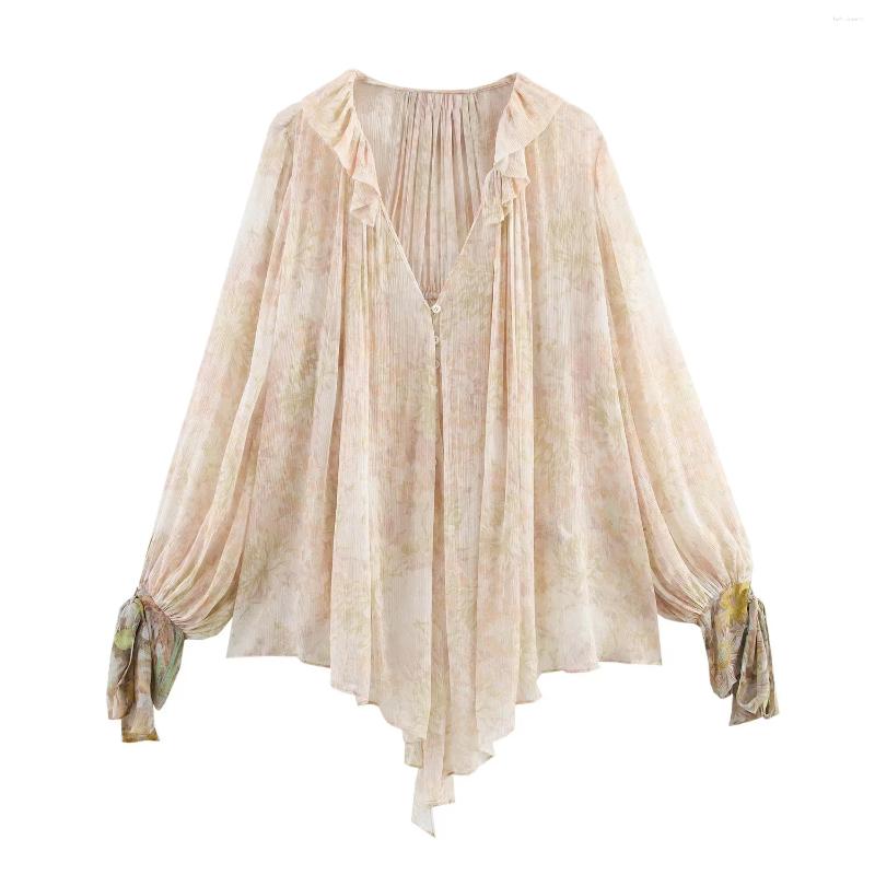 Women's Blouses ZBZA Floral Print Shirt V-neck Long Sleeve Single-breasted Asymmetrical Hem Top Spring And Summer Casual Chic