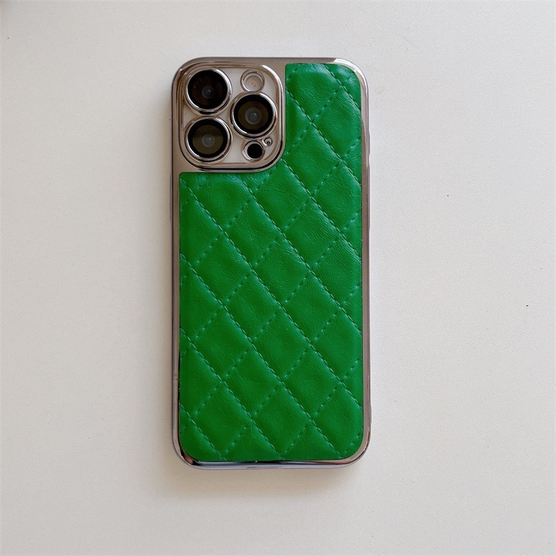 Electroplated Edge Diamond Grid Phone Case Compatible with iPhone 17 Pro Max Solid Color Faux Leather Case iPhone 16/15