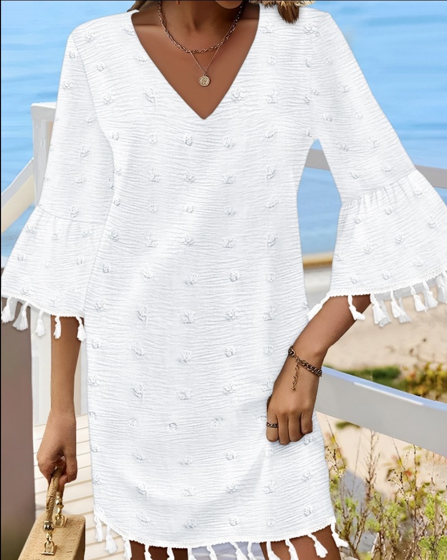 2025 New Spring and Summer Solid Color Simple V-neck Mid Sleeve Loose Tassel Dress for Women