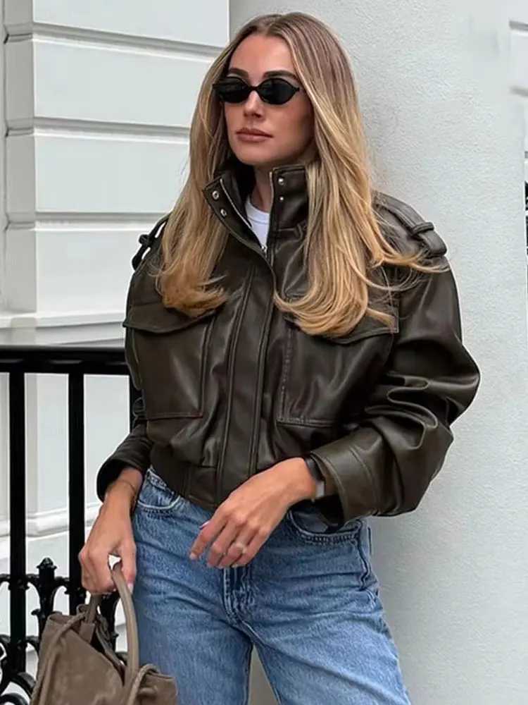 HH Women Faux Leather Cropped Jacket vintage Bomber Jackets With Pockets Long Sleeve Coats Zipper Overcoat Jacket For Woman J251124