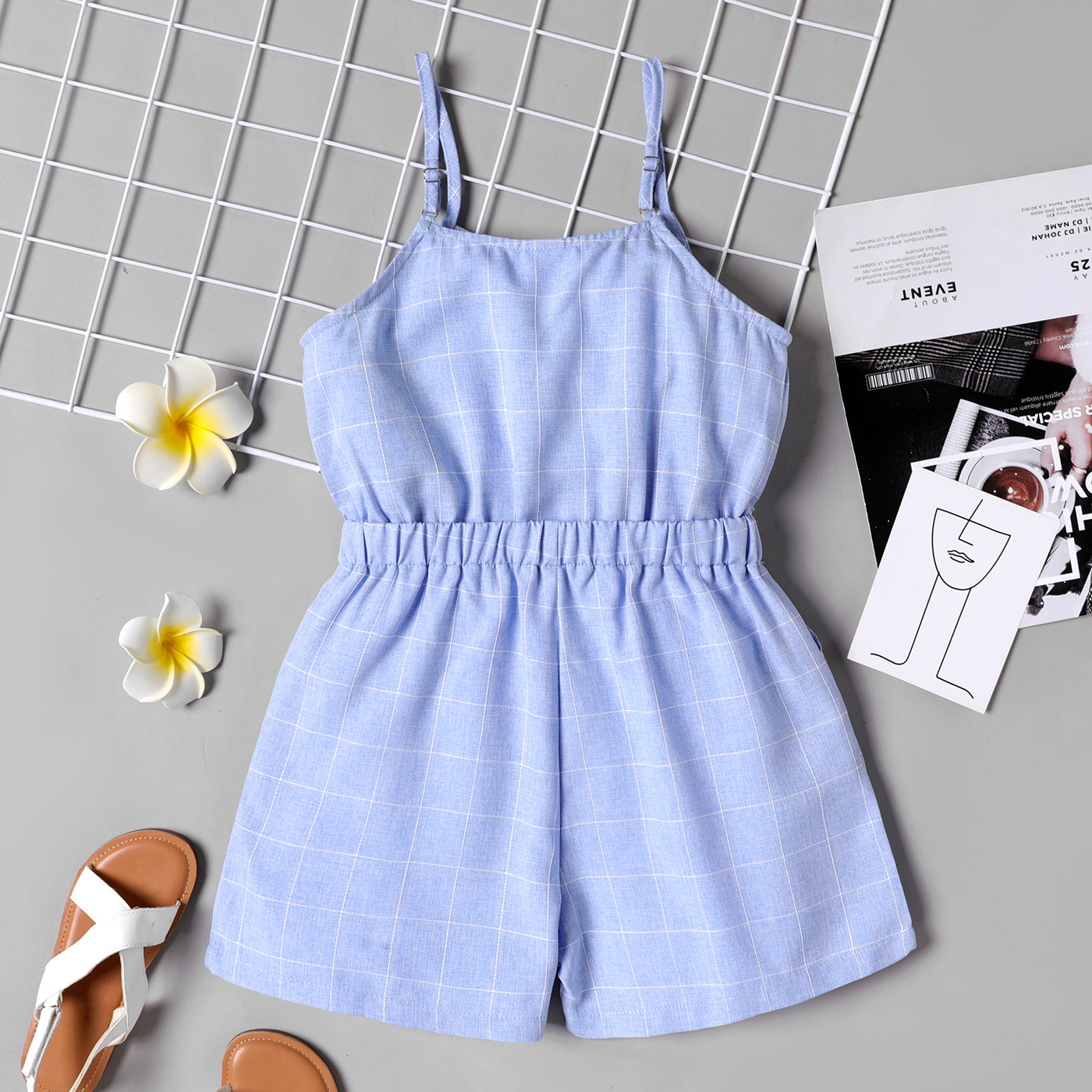 PatPat Kid Girl Blue Plaid Slip Rompers 6-12Y