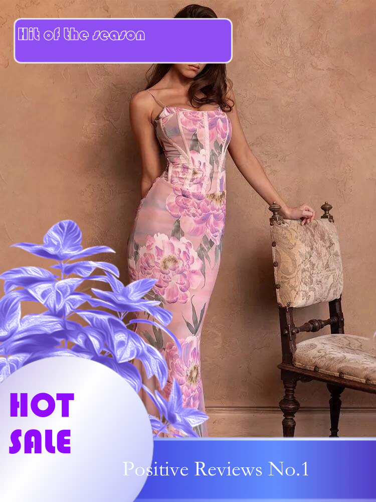 Dongdumaoyi Townlike Floral Print Slim Bodycon Dress Women Spaghetti Strap Spring Summer Nightclub Sexy Party Maxi Long Dresses