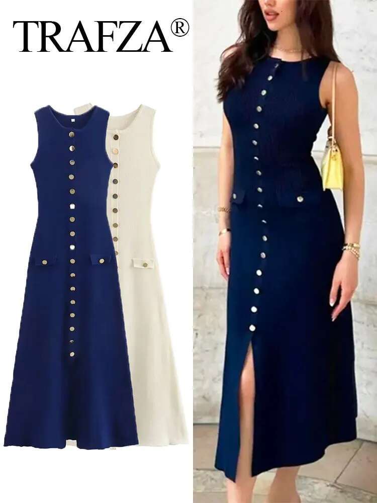 TRAFZA Women Knitted Solid Midi Slim Single Breasted Sleeveless Dresses With Fake Pockets Office Lady Woman Elegant Dress