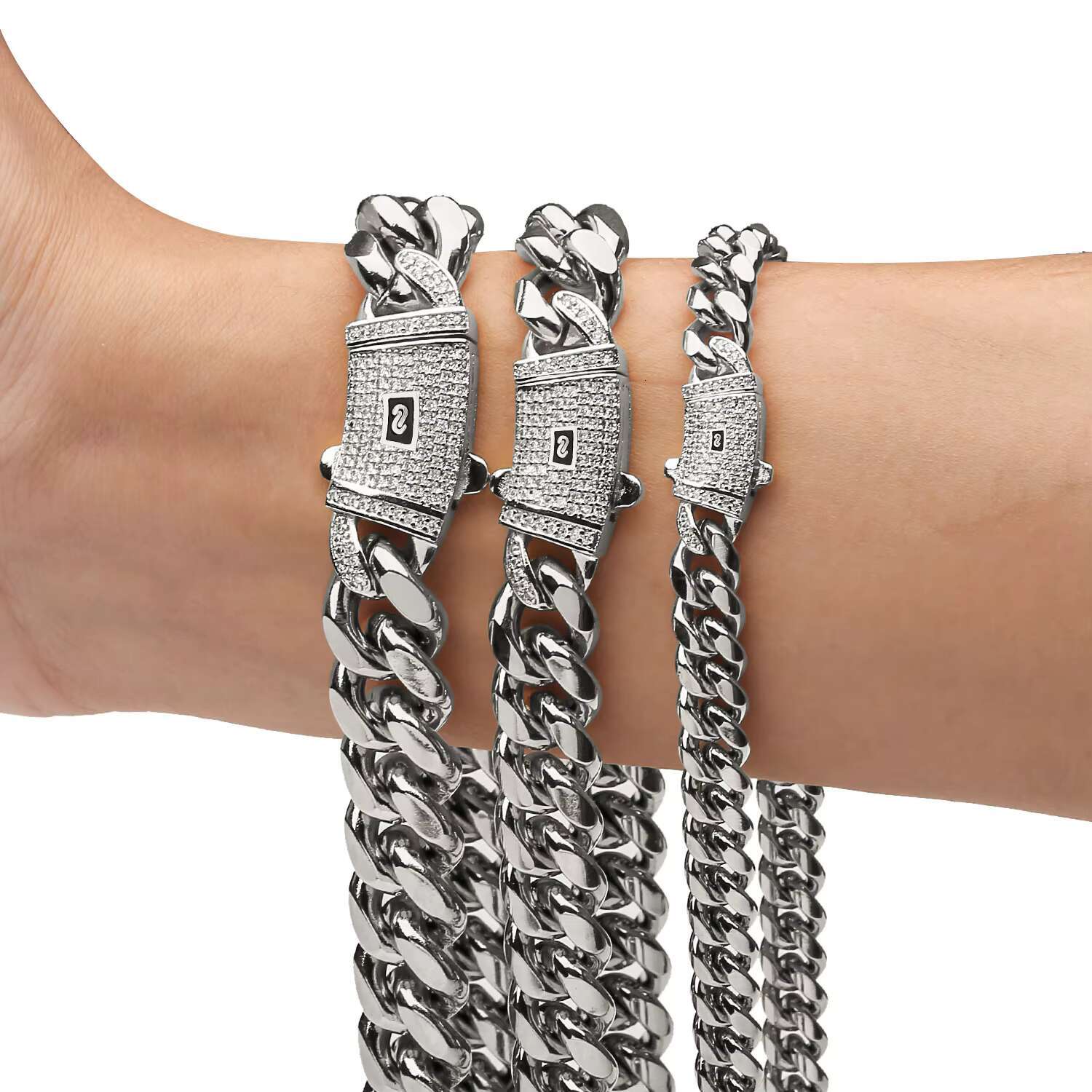 Hip Hop Miami Silver Jewelry for Men Stainless Steel Iced Clasp Link Chain-Cuban Cadena Cubana for Gift Zircon Pearl Main Stones
