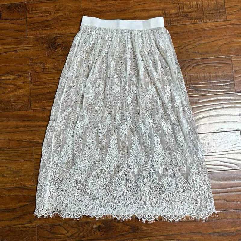 Womens sexy mesh lace transparent long sheer skiing Korean fashion summer womens elastic high waist black and white beach Midi skiing M250424