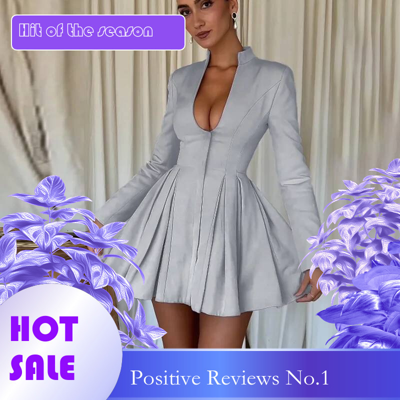 Dongdumaoyi Townlike Elegant Waist Wrap Pleated A Line Dress Women Mini Autumn Winter V Neck Nightclub Sexy Party Dresses