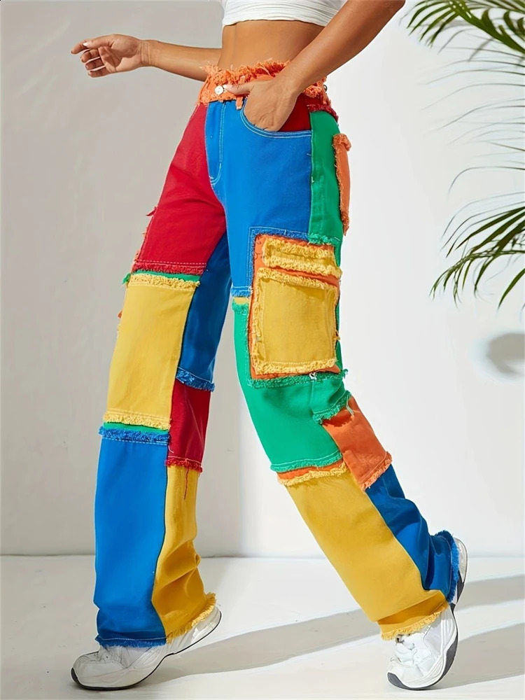 Womens multicolor stitched burr straight jeans cool girls high waisted streetwear fashionable pants denim Trouser 250417