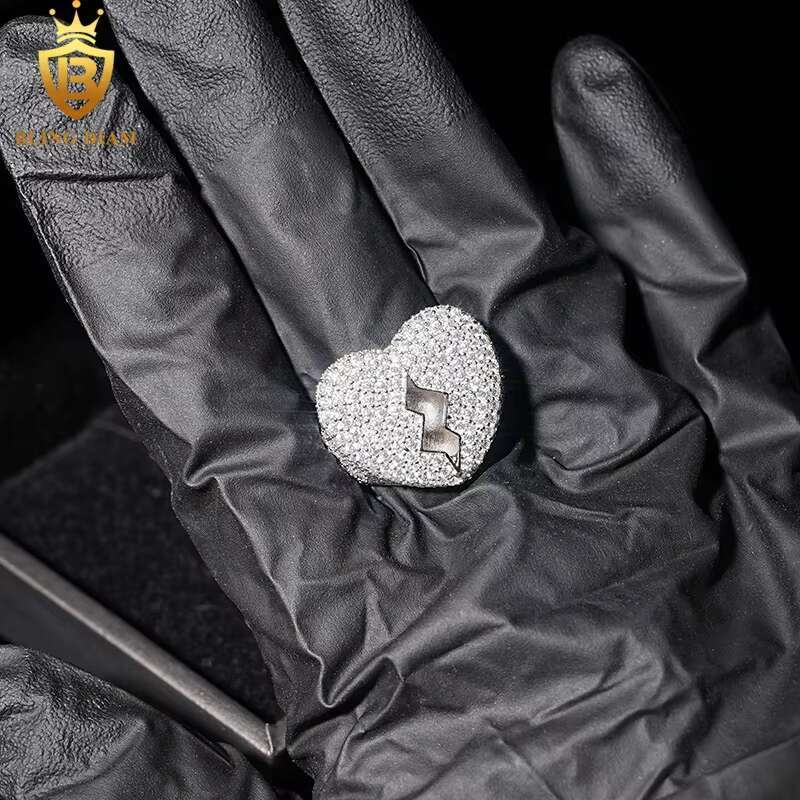 Hip Hop Jewelry Ring 925 Silver Gold Plated VVS Moissanite Fully Diamond Ice Out Mens Broken Heart Rings