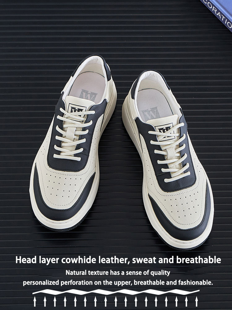Head layer cowhide shoes men's shoes 2025 new fashion casual sneakers men's leather thick bottom men's black and white plate shoes