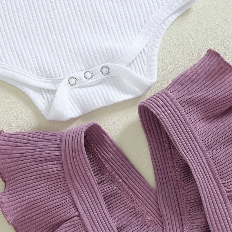 Clothing Sets 2024-05-31 Lioraitiin Baby Girl Ribbed Outfit Long Sleeve Romper Ruffle Trim Overalls Bow Headband 3 Piece Set for Fall R250424