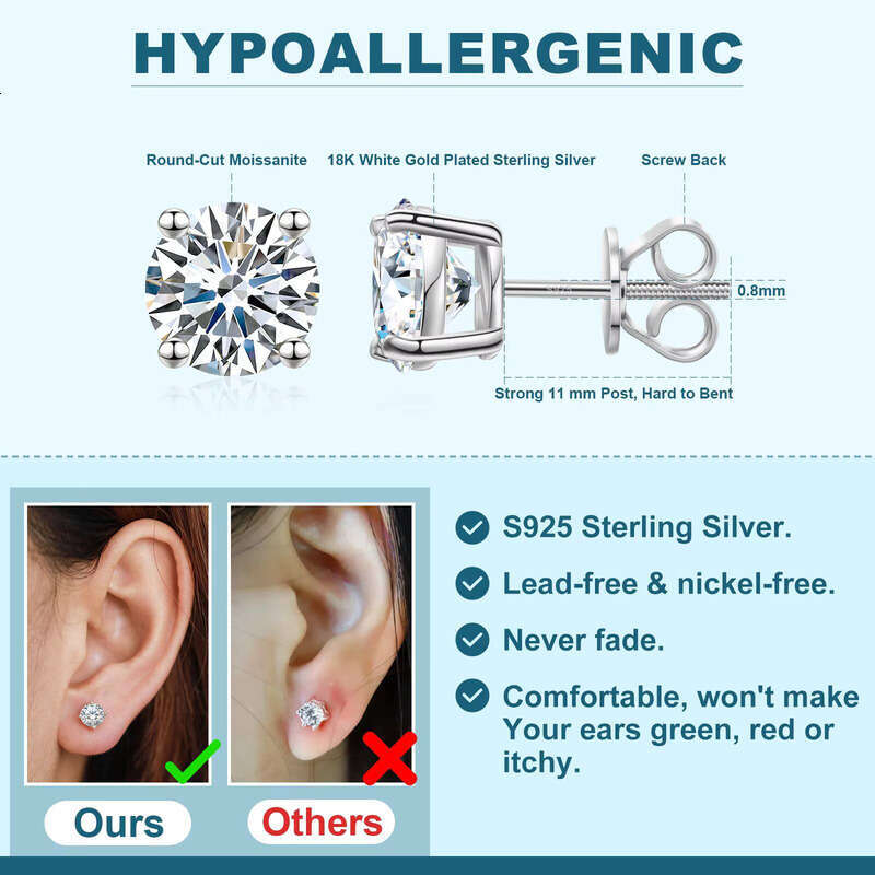 3mm-10mm Classic Mossanite Screw Back Jewelry Sterling Sier VVS Moissanite Stud Earrings for Men and Women aaa