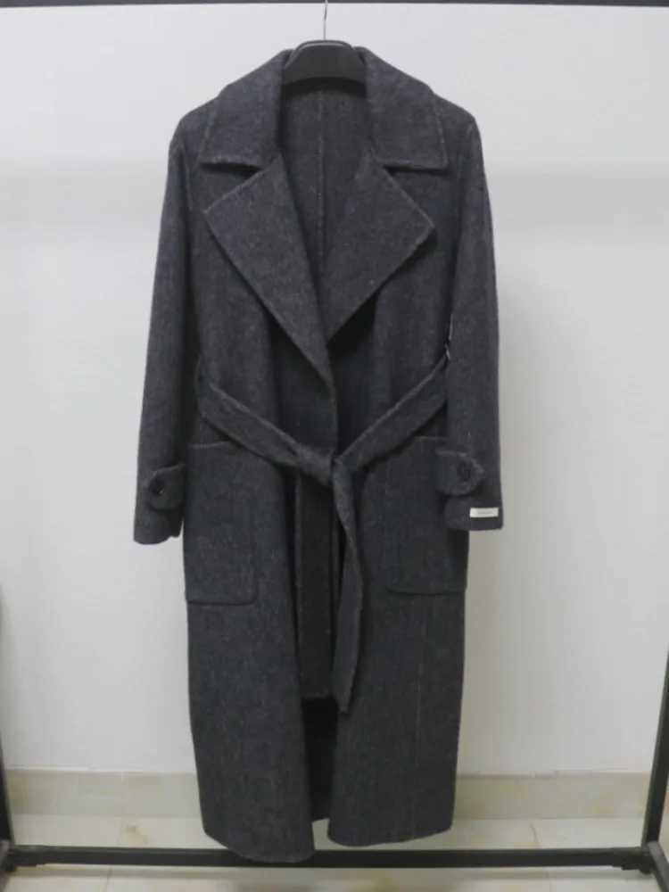 ZMEENNA Elegant Womens Gray Wool Blend Long Coat With Classic Lapel Collar Belted Waist And Front Pockets Warm ZM3880 J251124