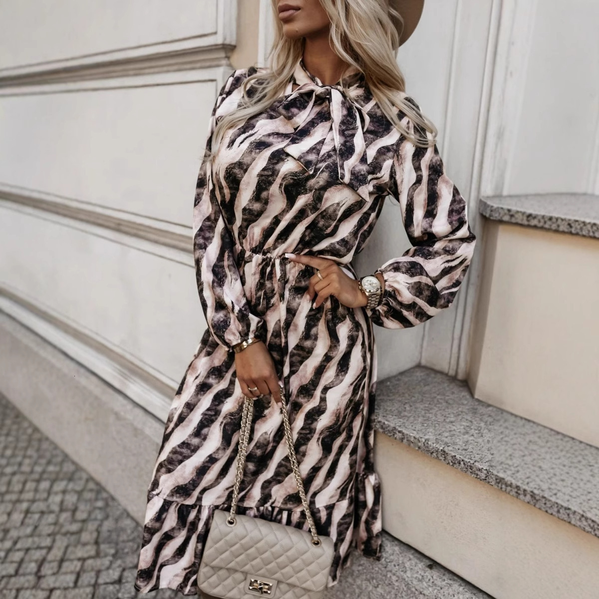 2024 New Autumn Sweet Bow Waist Zebra Pattern Long Sleeve Dress for Women