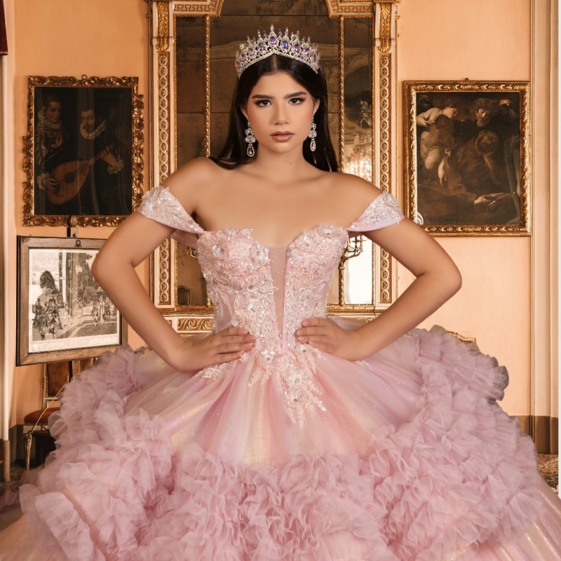 Pink Shiny Quinceanera Dresses Off Shoulder Ball Gown Sweet 16 Dress Sequin Applique Lace Beads Tull Birthday Party Vestido 15 Anos