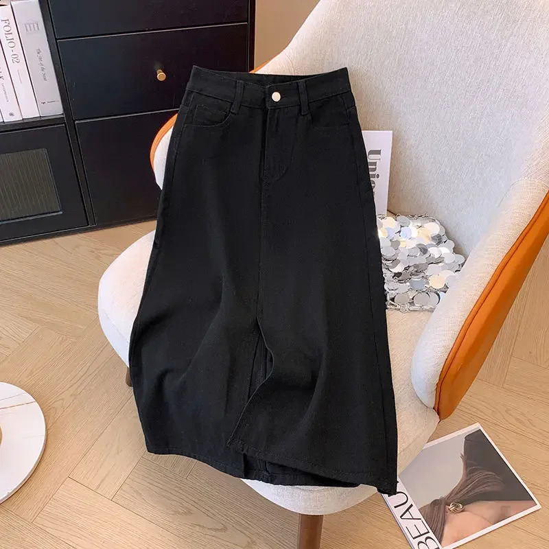 2024 Summer High Waist Weight Loss Loose ALine Bodycon Skiing Womens Side Seam Denim Medium Length 250417