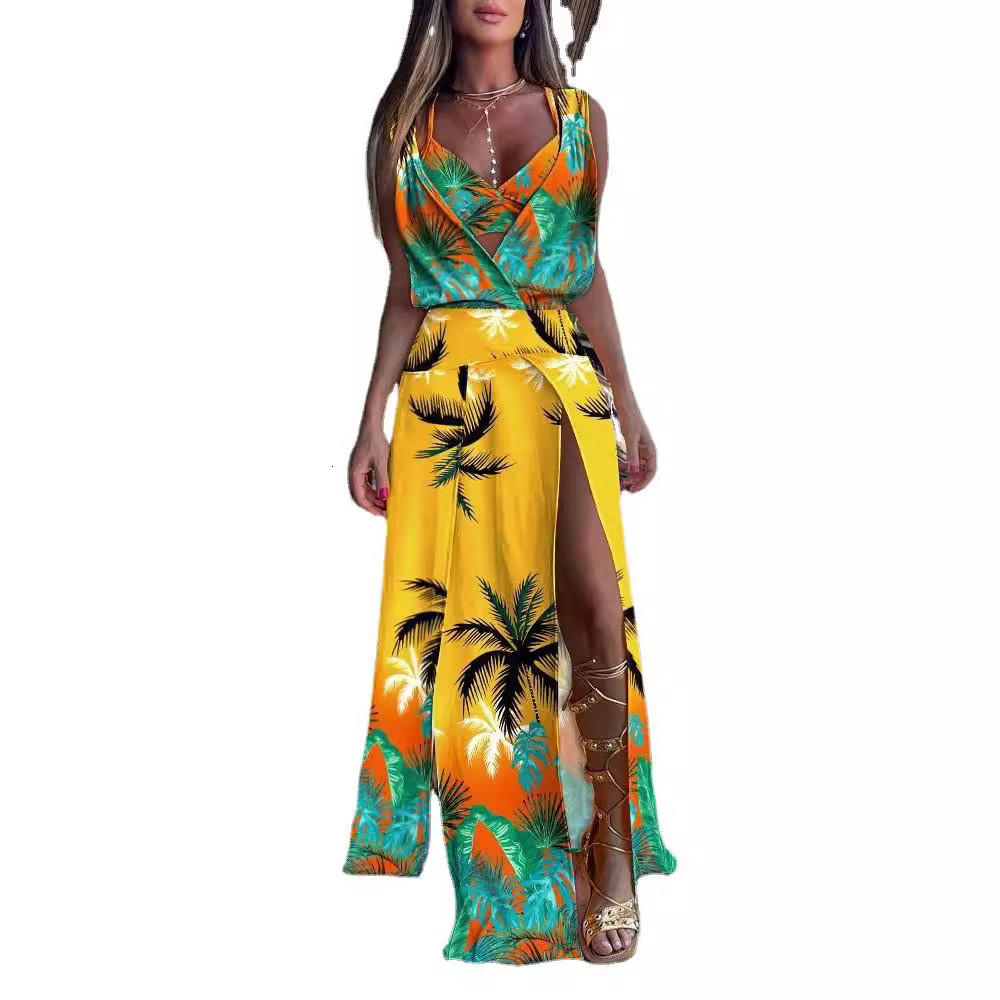 2023 Summer Sleeveless V-Neck Printed Split Bottom Dress Women