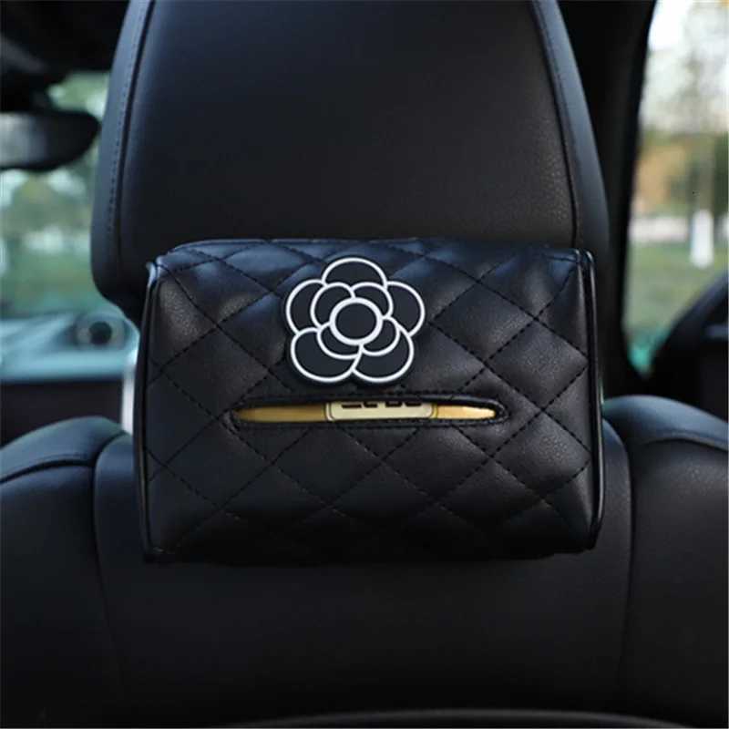 1pc luxury Fashion Camellia Leather Car Tissue Box Creative Car Interior Chair Back Sun Visor Multi-functional Draw Paper BoxM251124