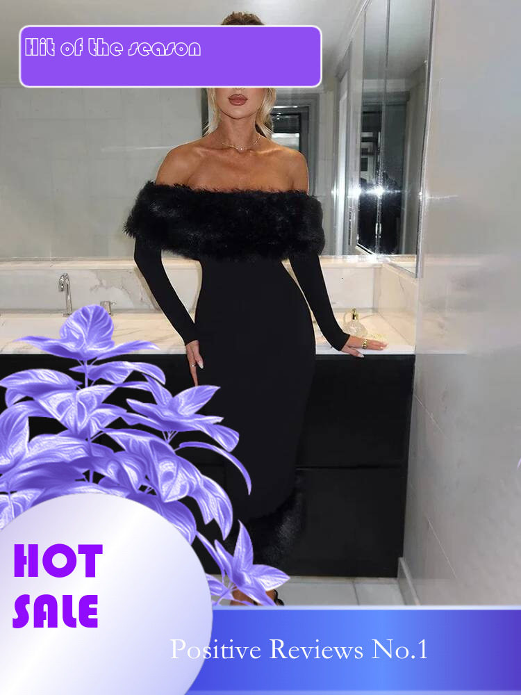 Dongdumaoyi Townlike Midi Long Slim Bodycon Dress Women Off Shoulder Autumn Winter Fur Collar Nightclub Sexy Party Dresses