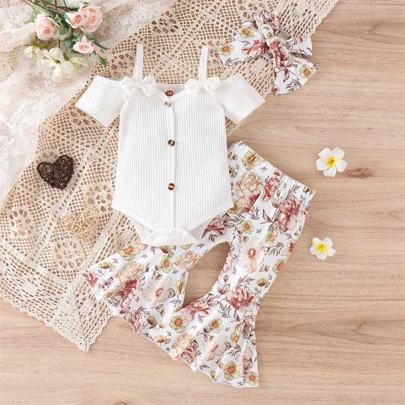 Clothing Sets Summer Baby Girls Clothing Sets 4 Colors Ribbed Off Shoulder Short Sleeve Button Bodysuits+Floral Flare Long Pants+Headband R250424