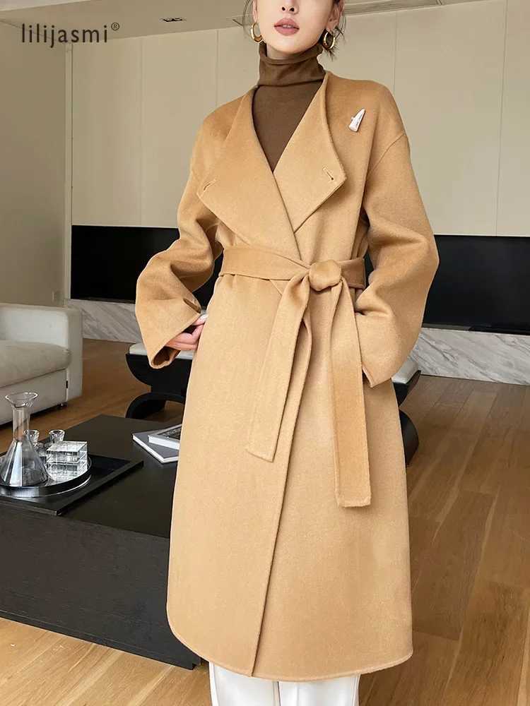Dual Purpose Collar Wool Coat Horn Button Women 100 Wool Overcoat Double-Layers Autumn Winter Long Jacket Thick Trench Coat 23 J251124