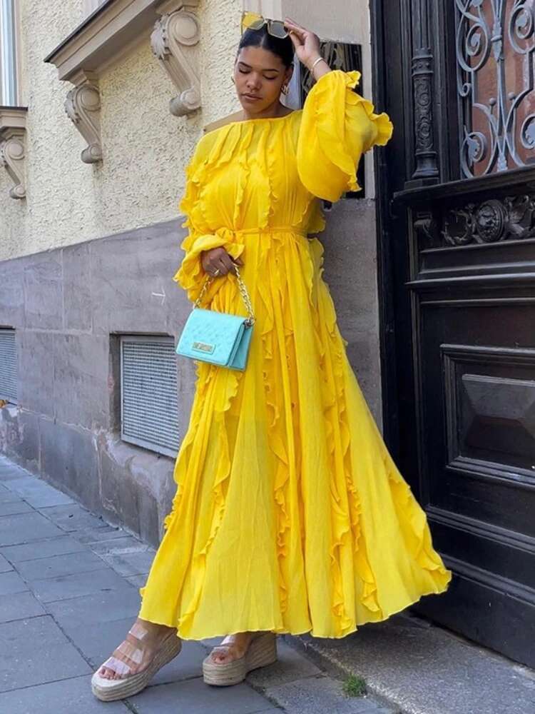 Autumn/Winter New Elegant Round Neck Lantern Sleeve Tie Rope Maxi Sun Dress Women's Solid Color Hundred Fold Evening Dresses
