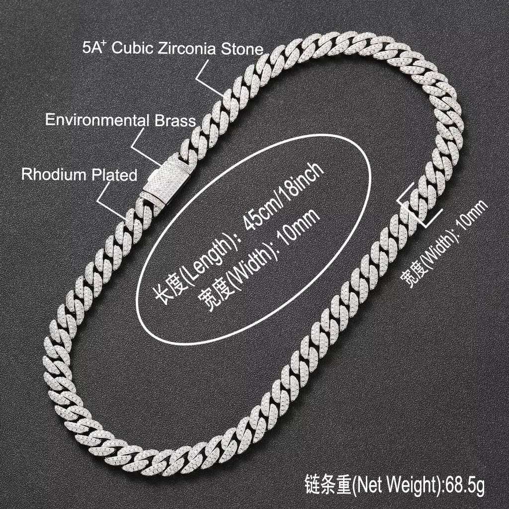 High Quality Hip Hop Iced Out 10mm CZ Cuban Link Chain Necklace Bracelet Miami Choker Necklace Women Man
