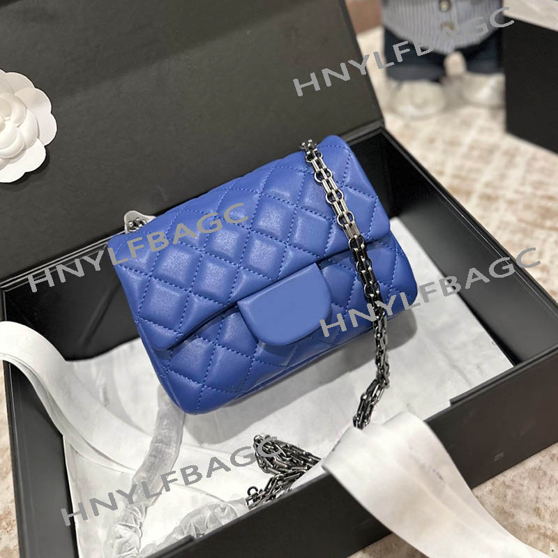 Women Mini Classic Flap Bag Black Silver Hardware Metal Chain Lambskin Leather Diamond Lattice Designer Shoulder Handbag Crossbody Coin Card Wallet 6 Colors 17cm