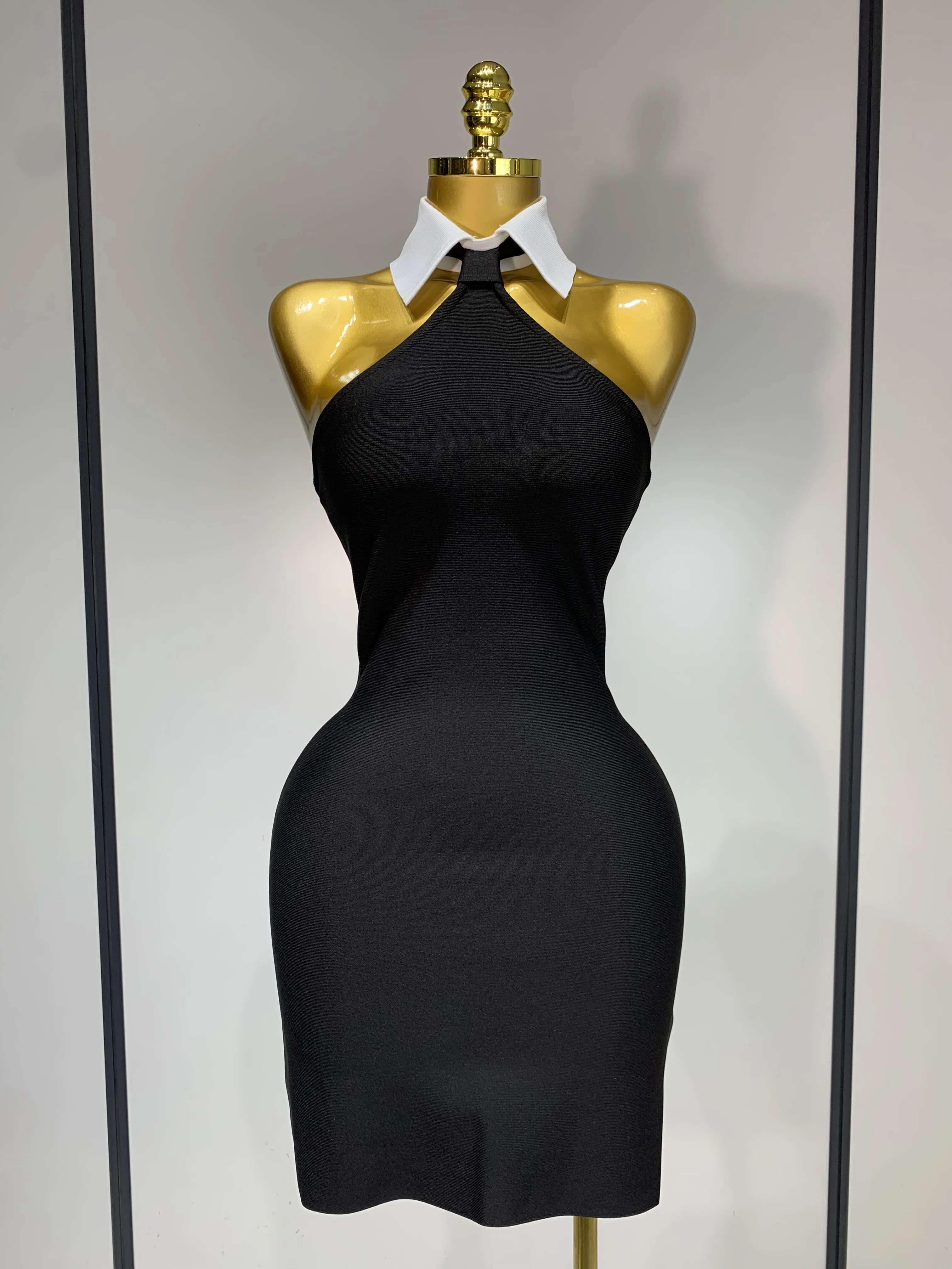 Women Sexy Backless White Shirt Collar Black Mini Bodycon Bandage Dress 2025 Elegant Evening Club Party Birthday Dresses