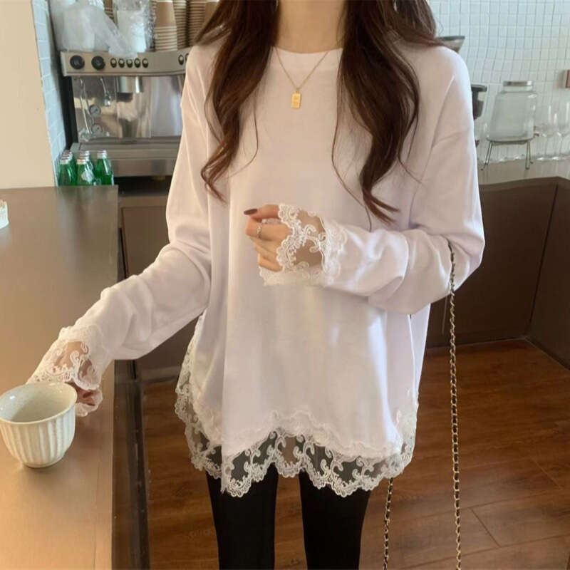 2025 Spring Women's New Lace Splicing Round Neck Bottom Shirt American Long Sleeve White Cotton T-Shirt For Women