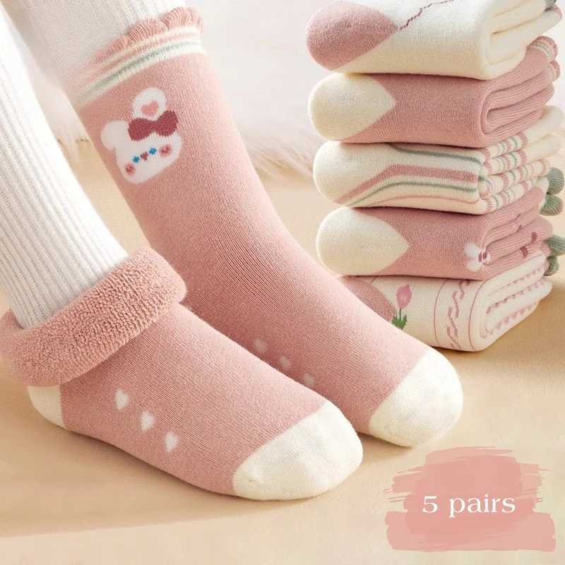 5Pairs Kids Girl Winter Warm Socks Pink Rabbit Plush Sock Thick Velvet Anti-Cold Baby Footwear 0-8Year Children Middle Tube Sock G251124
