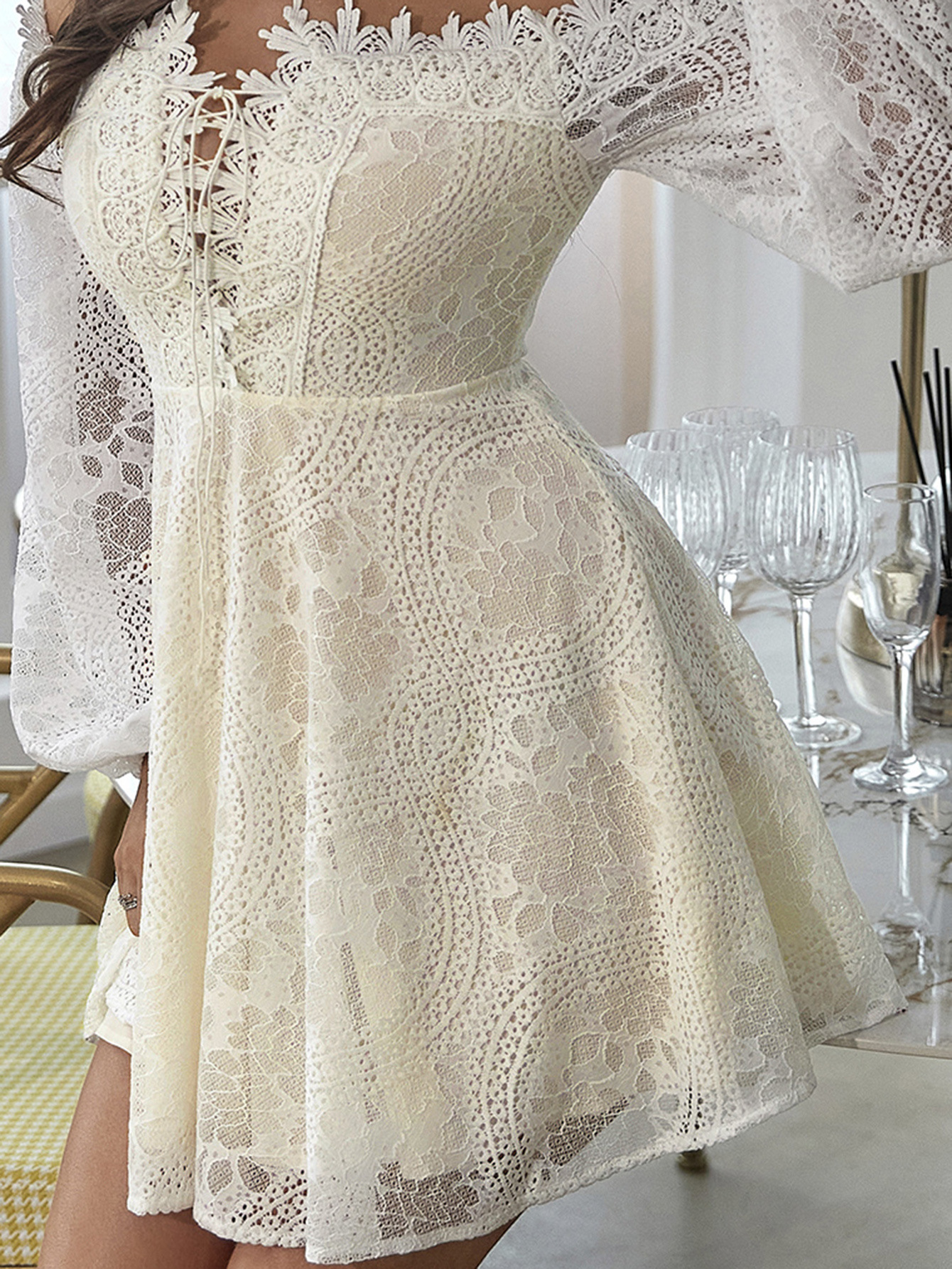 M96Foreign trade European and American sexy dress wholesale supply embroidered lace edge one shoulder short skirt sweet