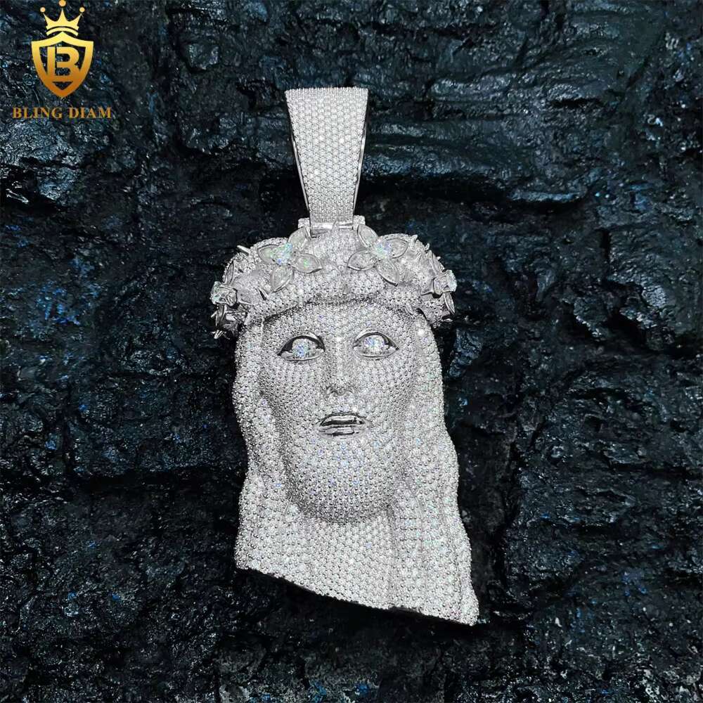 Hip Hop Jewelry Vvs Moissanite Jesus Pendant Flower Bezel Pear Shape Diamond 925 Sterling Silver Rose Gold Plated