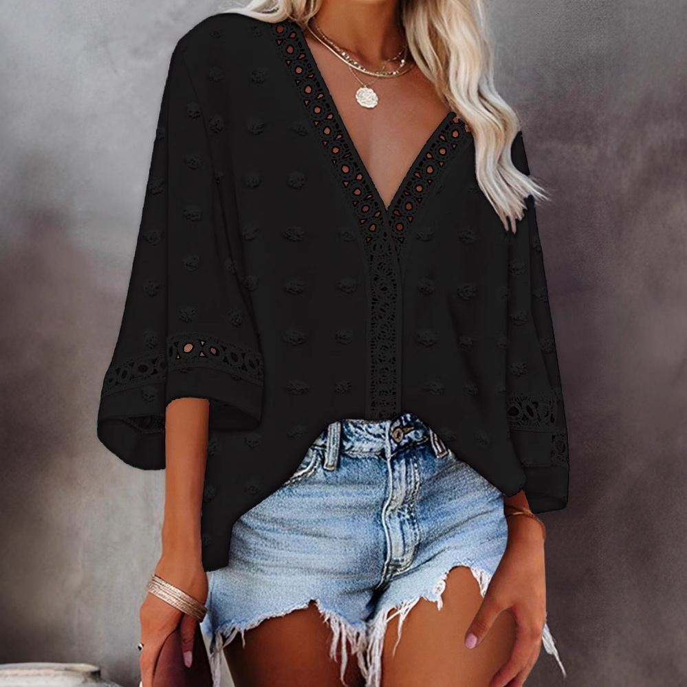 2025 Spring/Summer Style Solid Color V-neck Hollow Lace Shirt Womens Wear