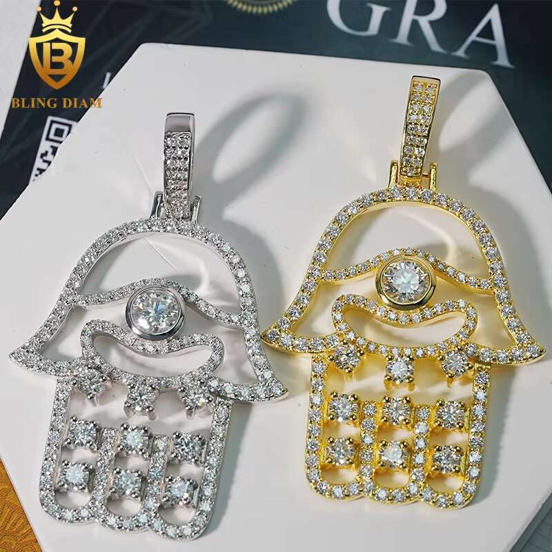 New Custom Hamsa Hand Pendant Hip Hop Jewelry VVS Moissanite 925 Silver Charm Pendant Pass Diamond Tester