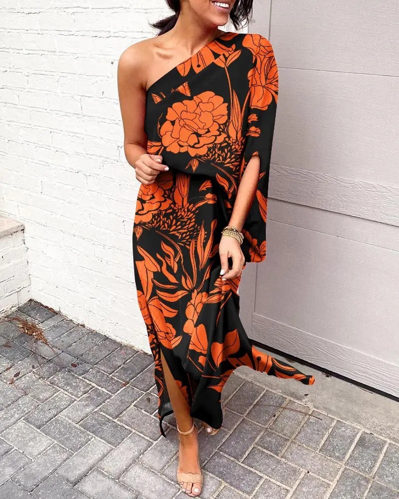 2022 summer loose off shoulder and waist print womens dress