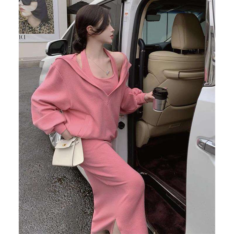 2025 Spring Western Style Casual Age Reducing And Slimming Women's Fashion Set, Plus Size Hoodie, Two-Piece Set With Meat Covering, Dress