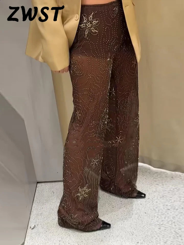 Street Beading See Through Pants Womens Brown Shining Loose Wide Leg Straight Elastic Waist Trouser Summer Party Coat 250420
