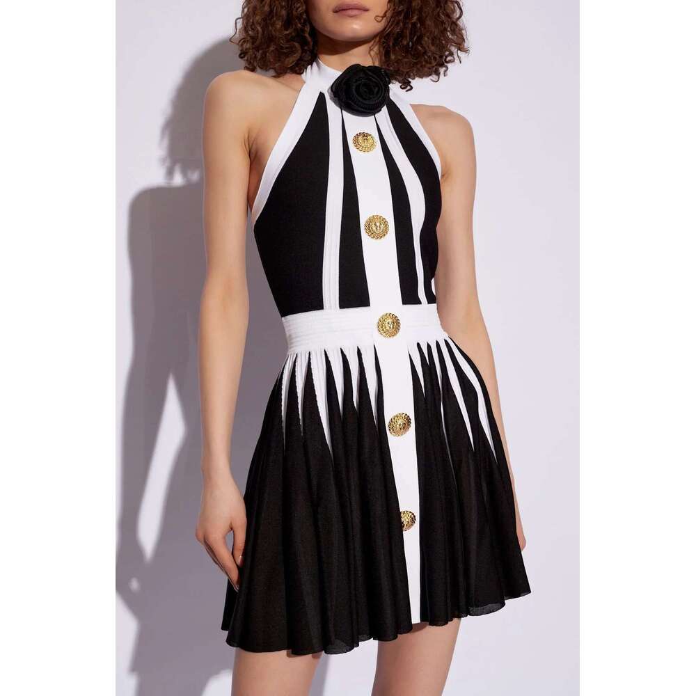 GPBD 2025 New Summer Women's Black And White Stripe Button 3D Rose Halter Backless Pleated Sexy Sleeveless Knitted Mini Dress