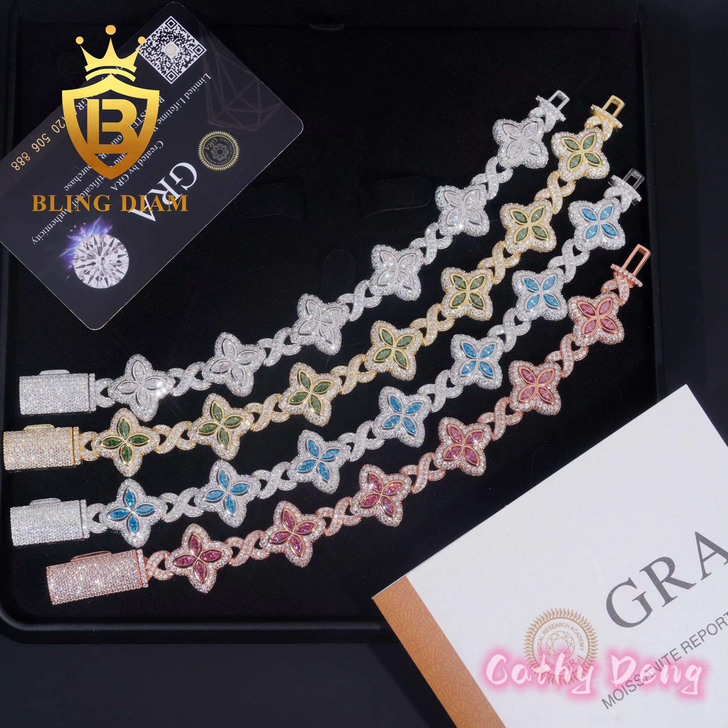 925 Silver Hip Hop Jewelry Marquise Cut Flower Moissanite Cuban Link Chain Bracelet for Men and Women Pass Diamond Test