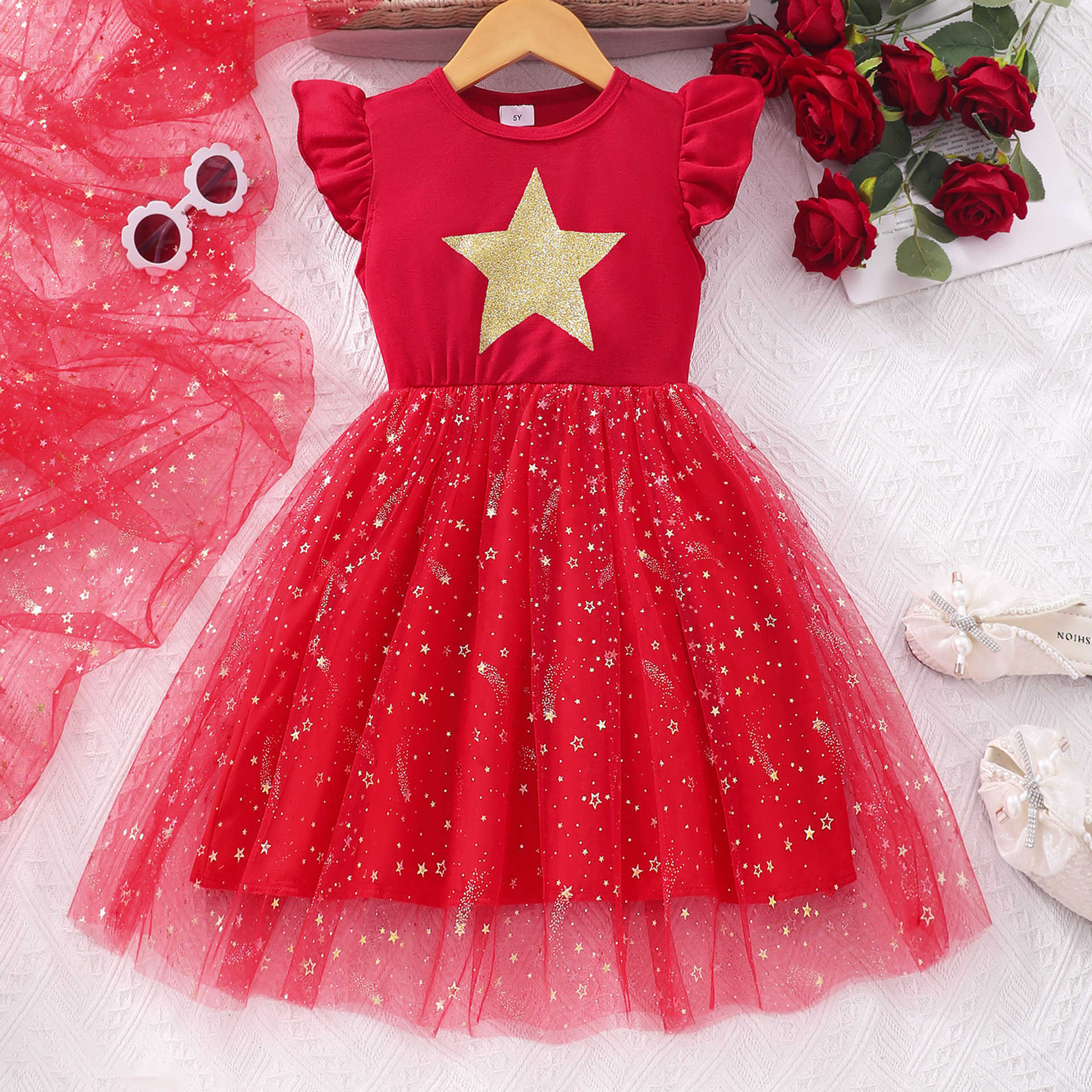 New Summer Flying Sleeve Printed Mesh Dress for Girls Y250423i1dg