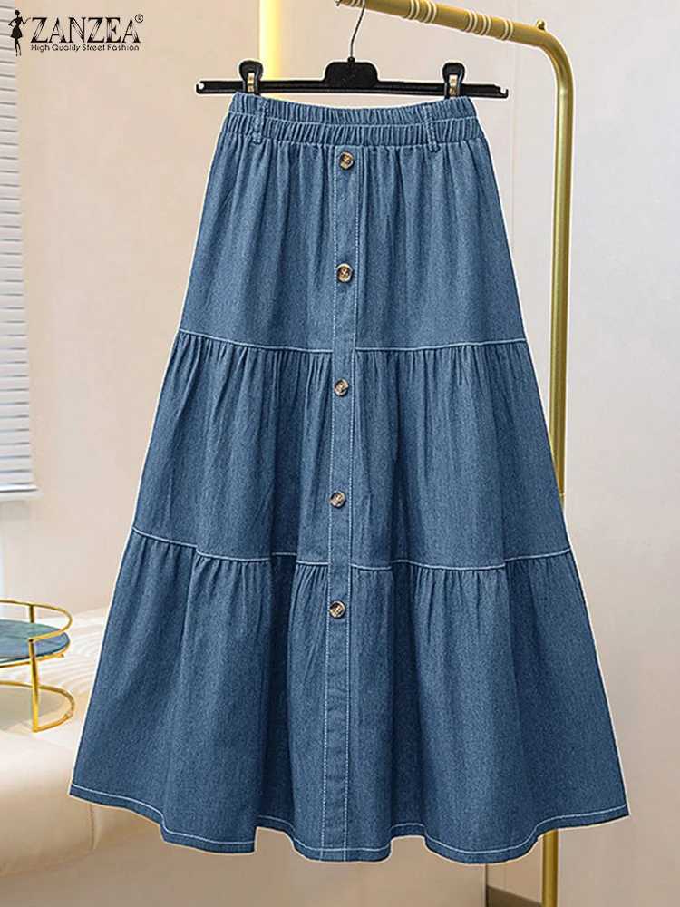 Autumn Elastic Waist Solid Skirts ZANZEA Fashion Women Denim Blue Skirt Elegant A-line Work Overskirts Leisure Loose Holiday Jupe M250424