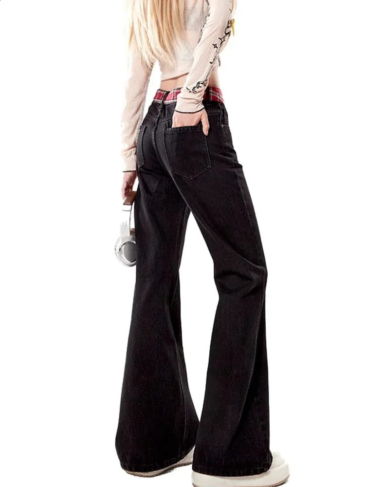 Retro plaid patchwork work flash jeans for women high waisted slimming straight leg denim pants oversized Y2k 2000s trash can 250422