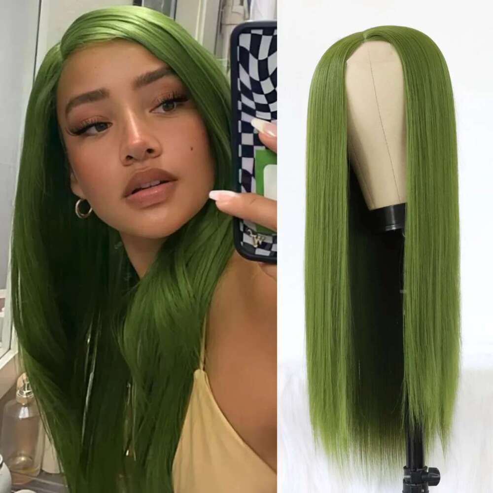 Olive Long Straight Hair For Women Matcha Green No Lace Front Wigs Heat Resistant Synthetic Wig 24 Inch